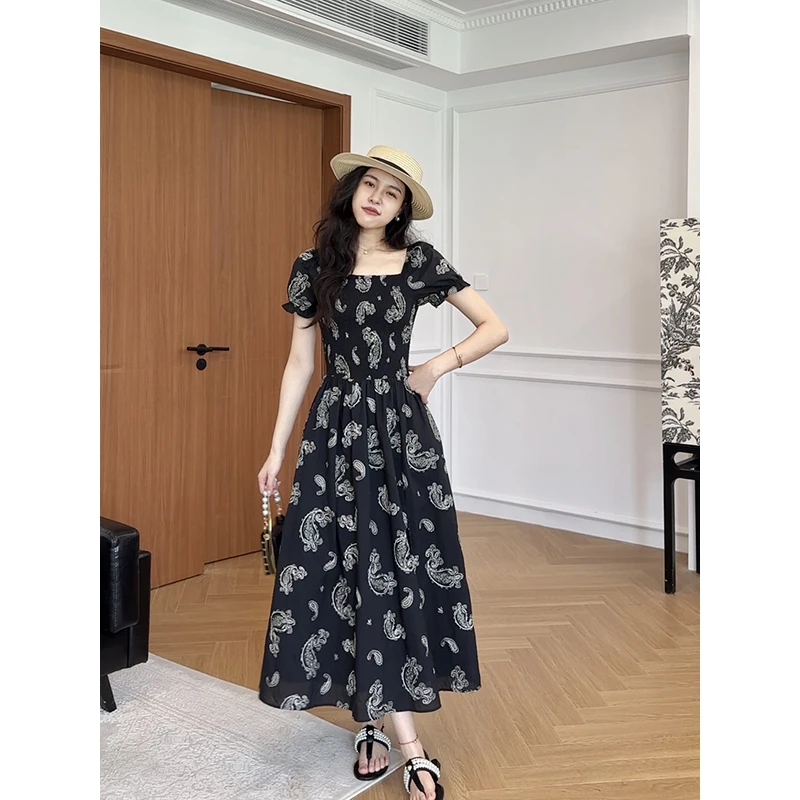 【现货】张阿星时尚复古优雅风腰果花法式泡泡袖收腰气质修身连衣裙