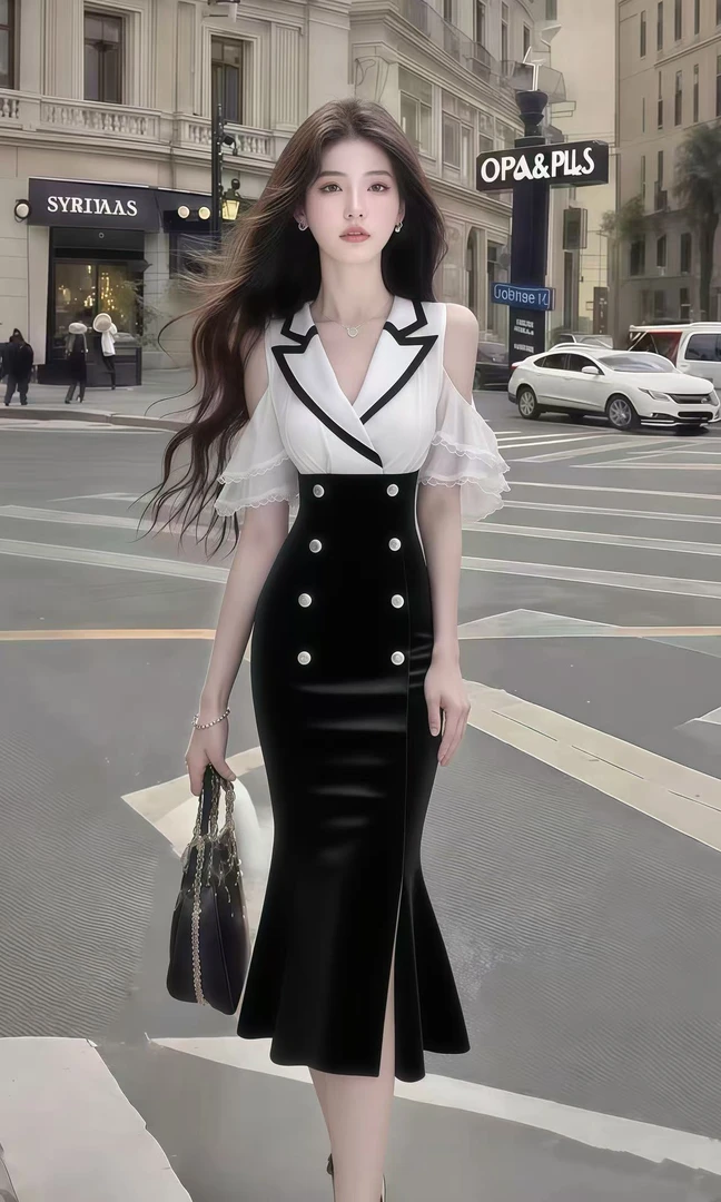 新款优雅轻奢高端大气黑色V领露肩修身收腰包臀长款连衣裙氛围感