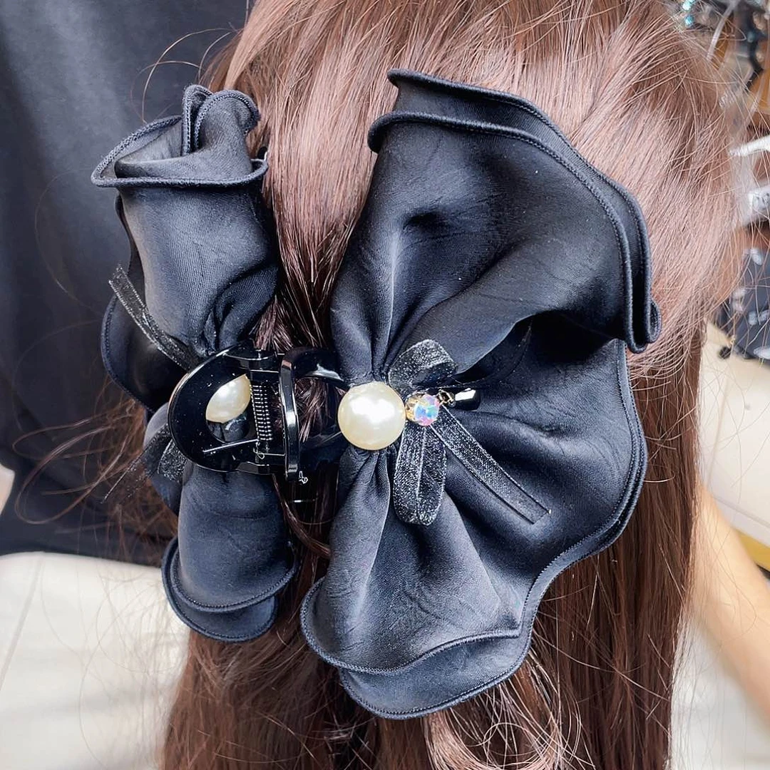 皮质铁合金马尾抓夹 黑色缎面