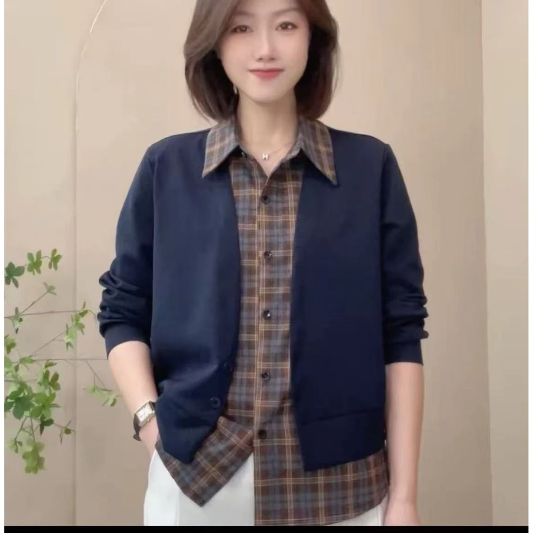 时尚长袖衬衫女~2025新款洋气显瘦百搭假两件格纹拼接衬衣上衣955