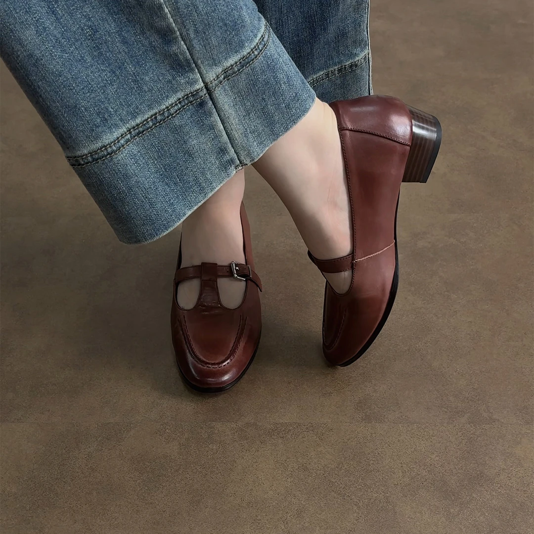 3.5cm/ED2318牛皮复古圆头单鞋女真皮法式粗跟学院粗跟浅口玛丽珍