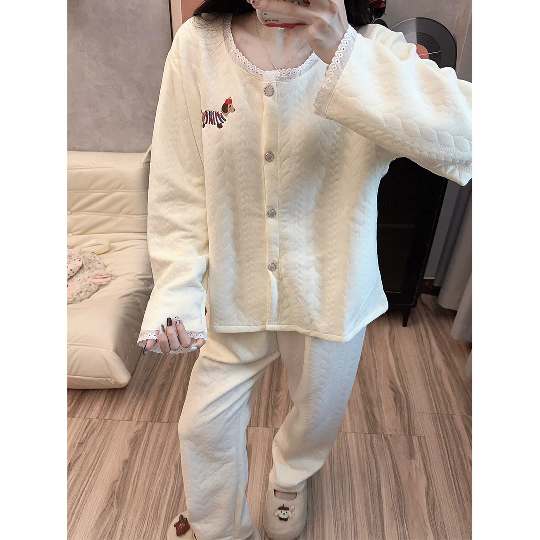 【腊肠狗】空气棉睡衣女秋季甜美可爱夹层长袖秋冬天新款家居服套装