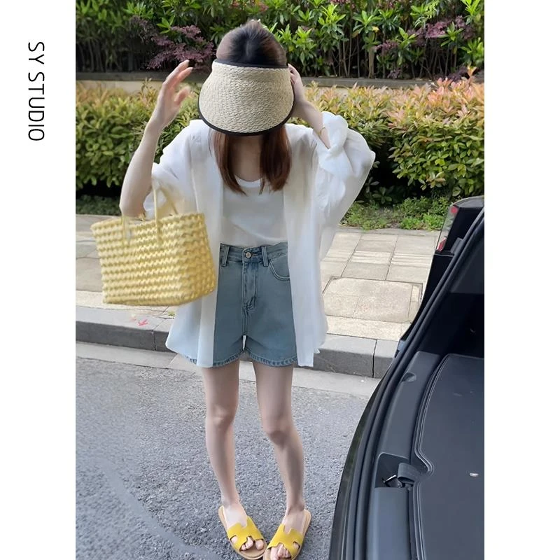 VOCKOO官方夏季套装女2025新款中长款宽松长袖薄款连帽防晒衣牛仔