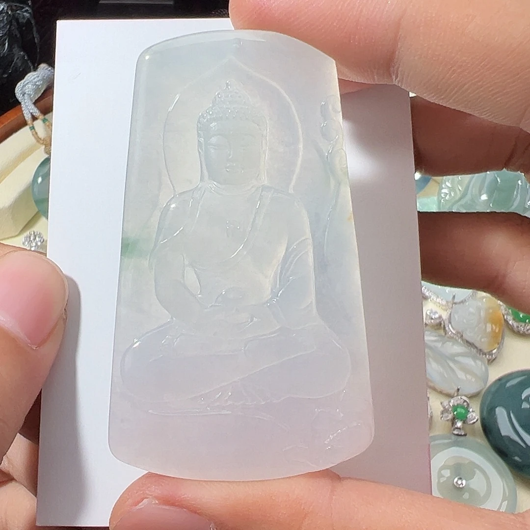 翡翠未镶嵌颈饰正冰起胶冰种飘绿花大日如来挂件65-40-6