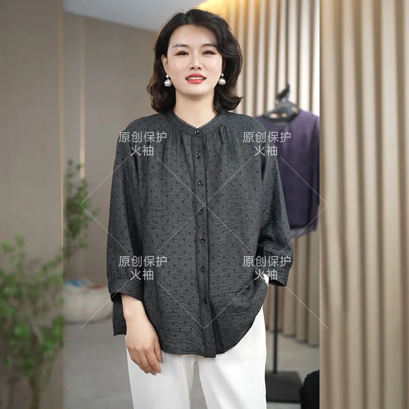 火袖F904高级感单排扣上衣女2025春季新款宽松百搭大码中老年衬衣