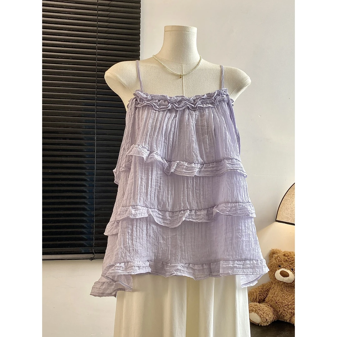 甜美设计感不规则荷叶边吊带背心女夏季2025新款肌理感上衣外穿潮