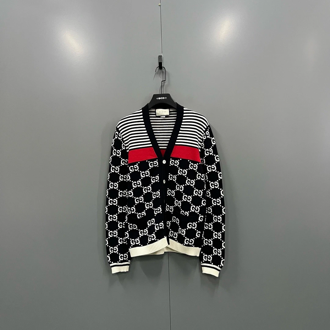99新 GUCCI/古驰 zz1 满印GG条纹针织开衫 M码/610915