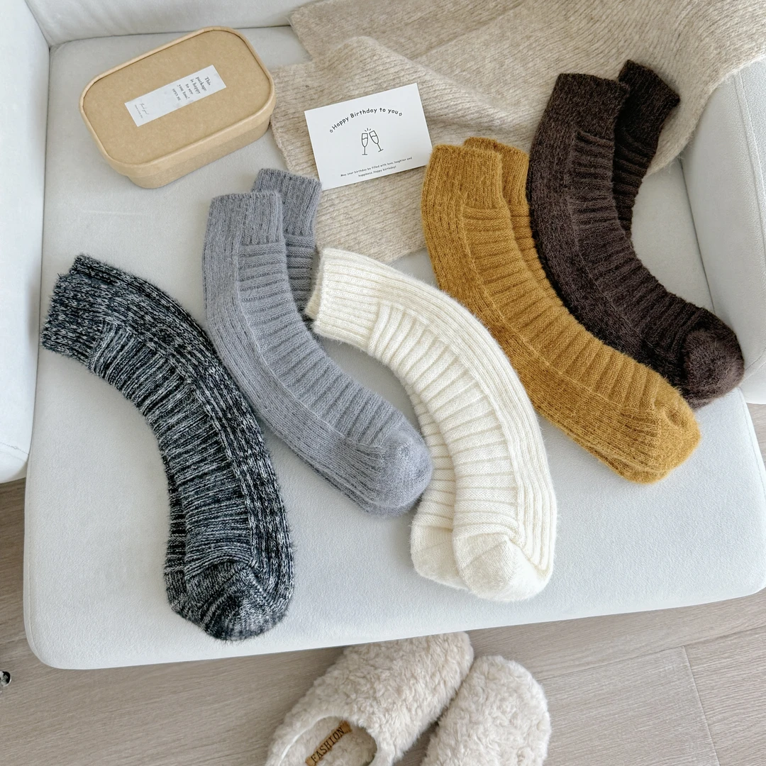 【cici socks】冬季ins风百搭无后跟纯色中筒袜居家加厚保暖香蕉袜
