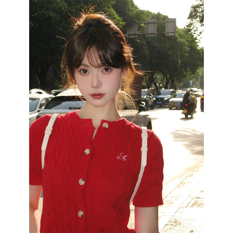 学院风红色针织短袖女夏季圆领t恤麻花马甲女款外穿内搭秋冬毛衣