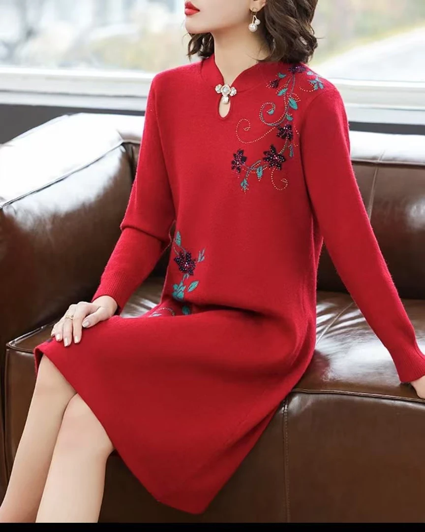 NN184-时尚棉质连衣裙洋气中长款妈妈装