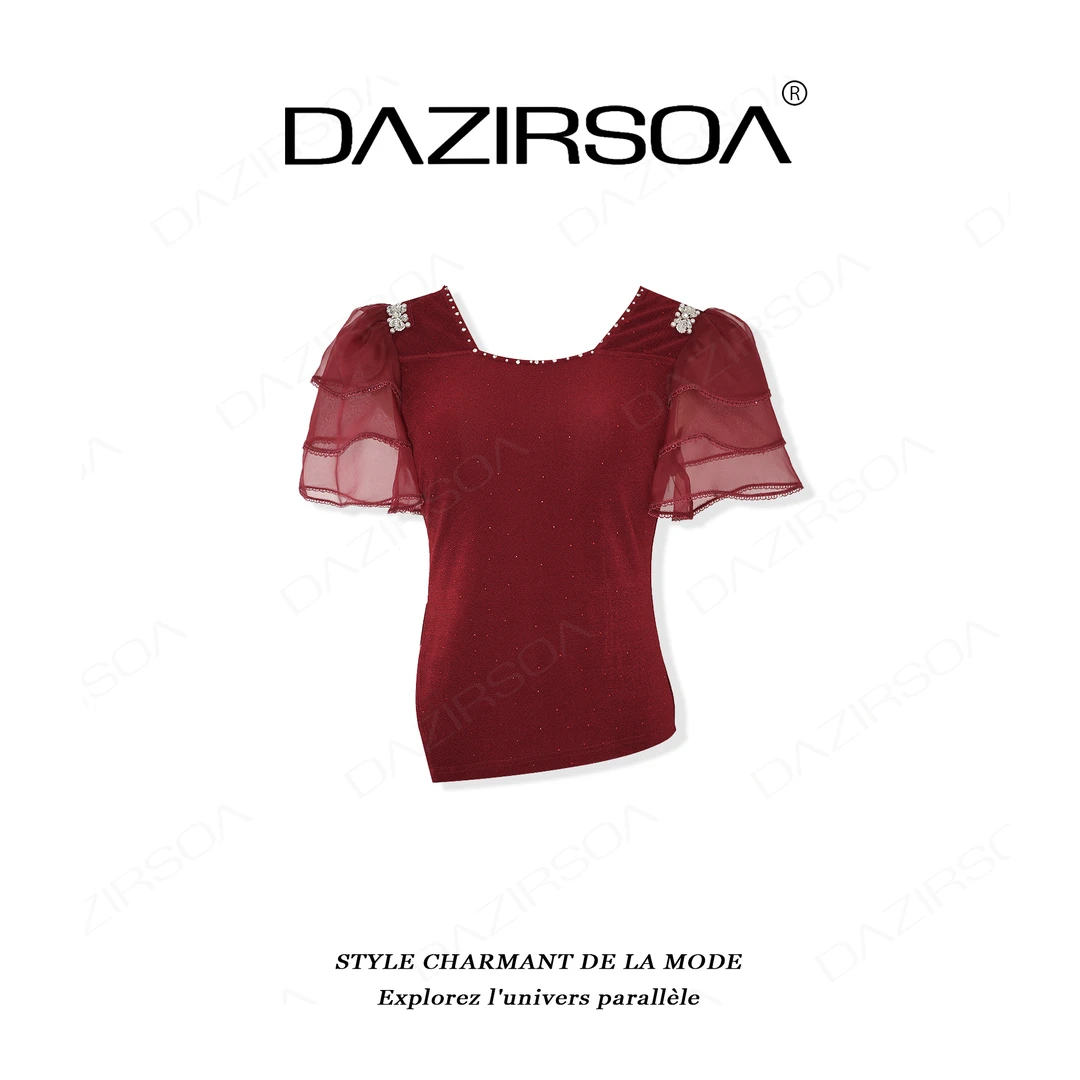 DAZIRSOA/达姿“灵感新章”时尚百搭拼接钉钻灯笼袖个性T恤 AA206