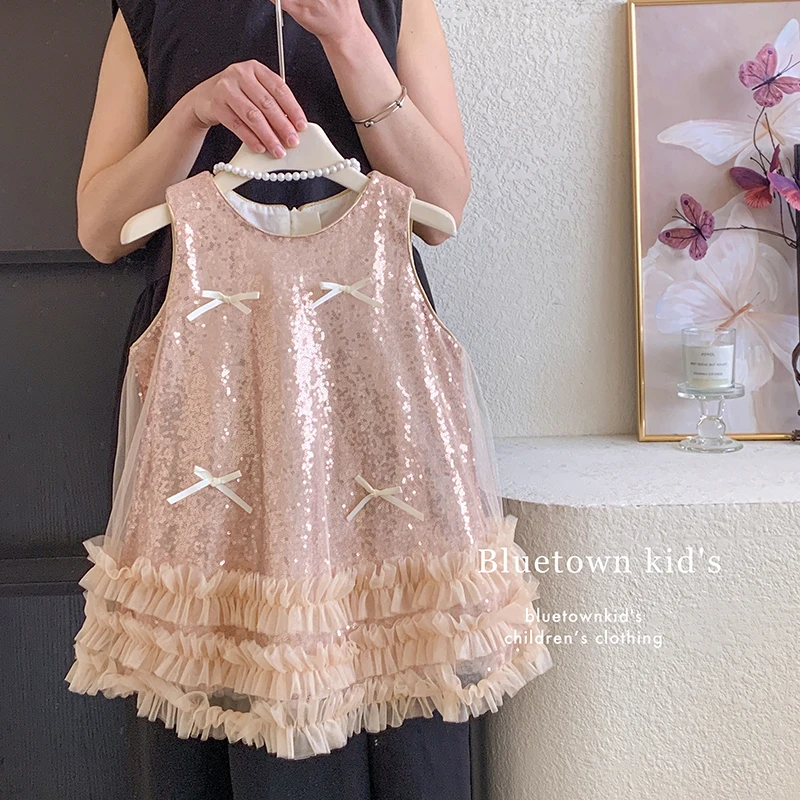 2025夏”星河闪烁”女童无袖亮片蝴蝶结网纱连衣裙T25019