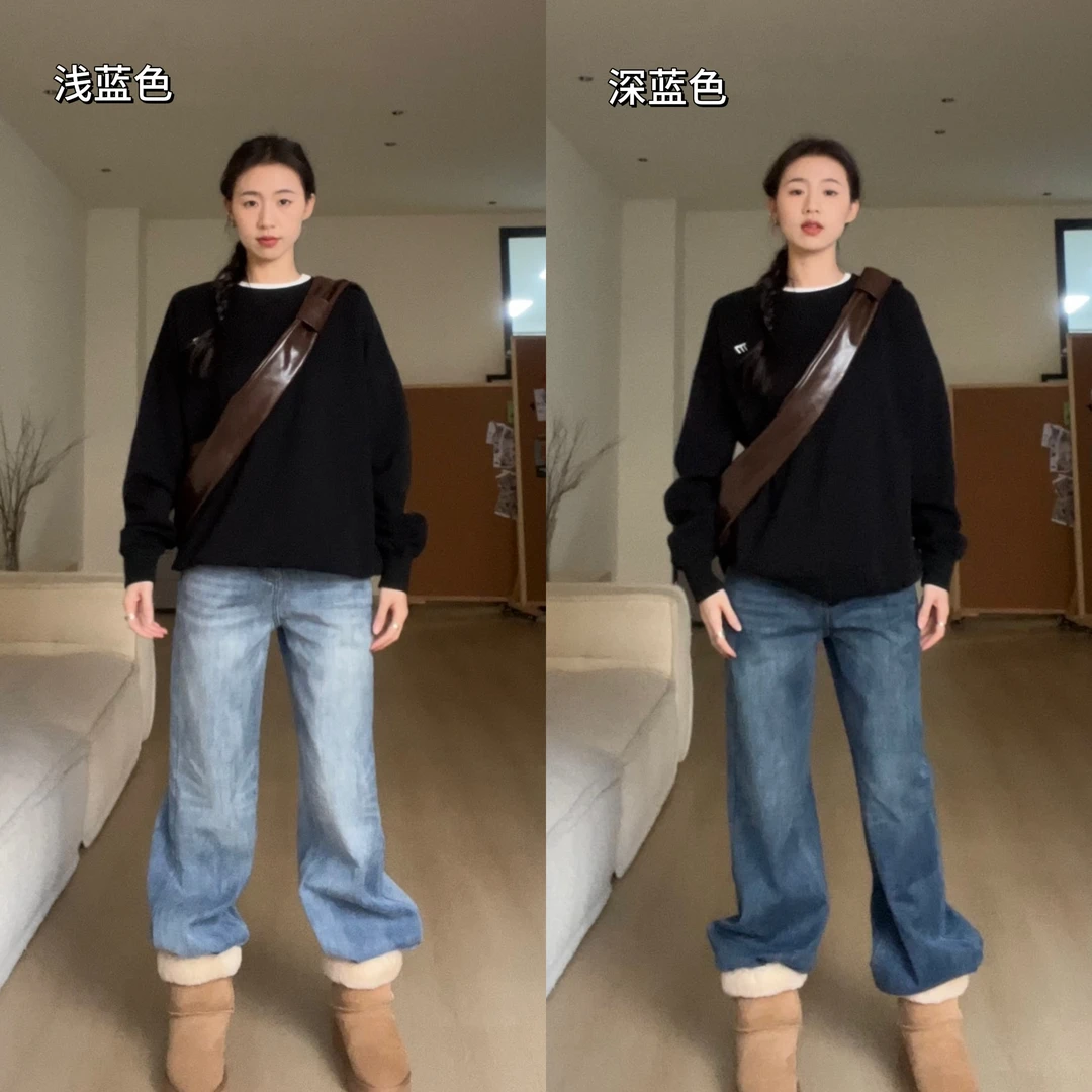 美式复古水洗直筒加绒牛仔裤秋冬季cleanfit垂感宽松休闲拖地长裤