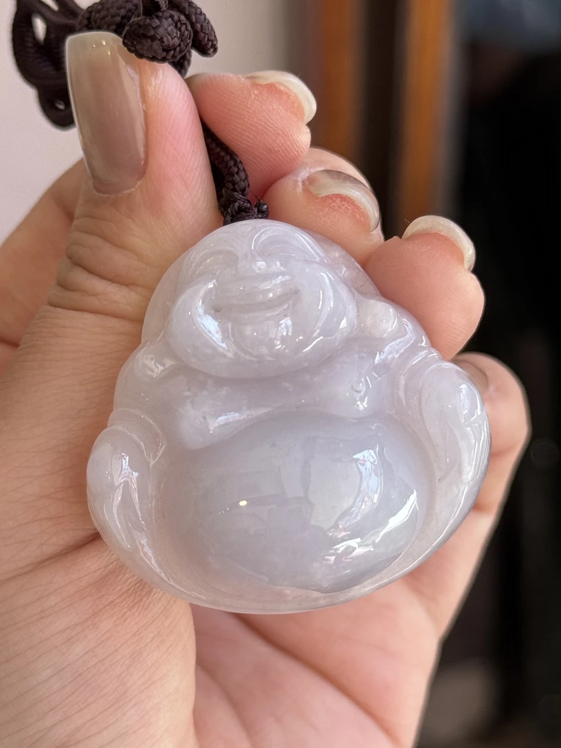 天然A货缅甸翡翠糯冰淡紫色佛公大件厚装裸石40.3*42.5*14.4