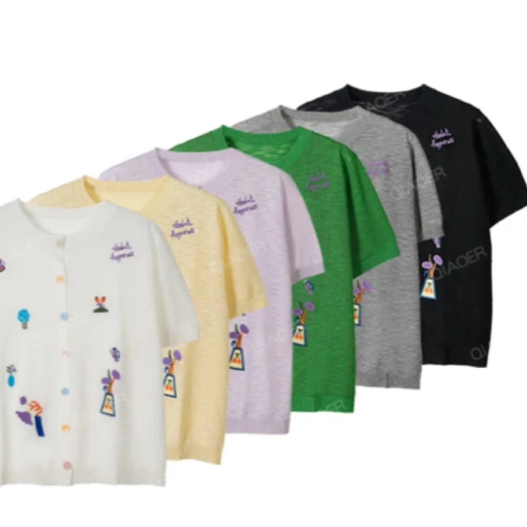 重工刺绣洋气针织开衫短袖百搭显瘦上衣短款圆领设计感春夏女款