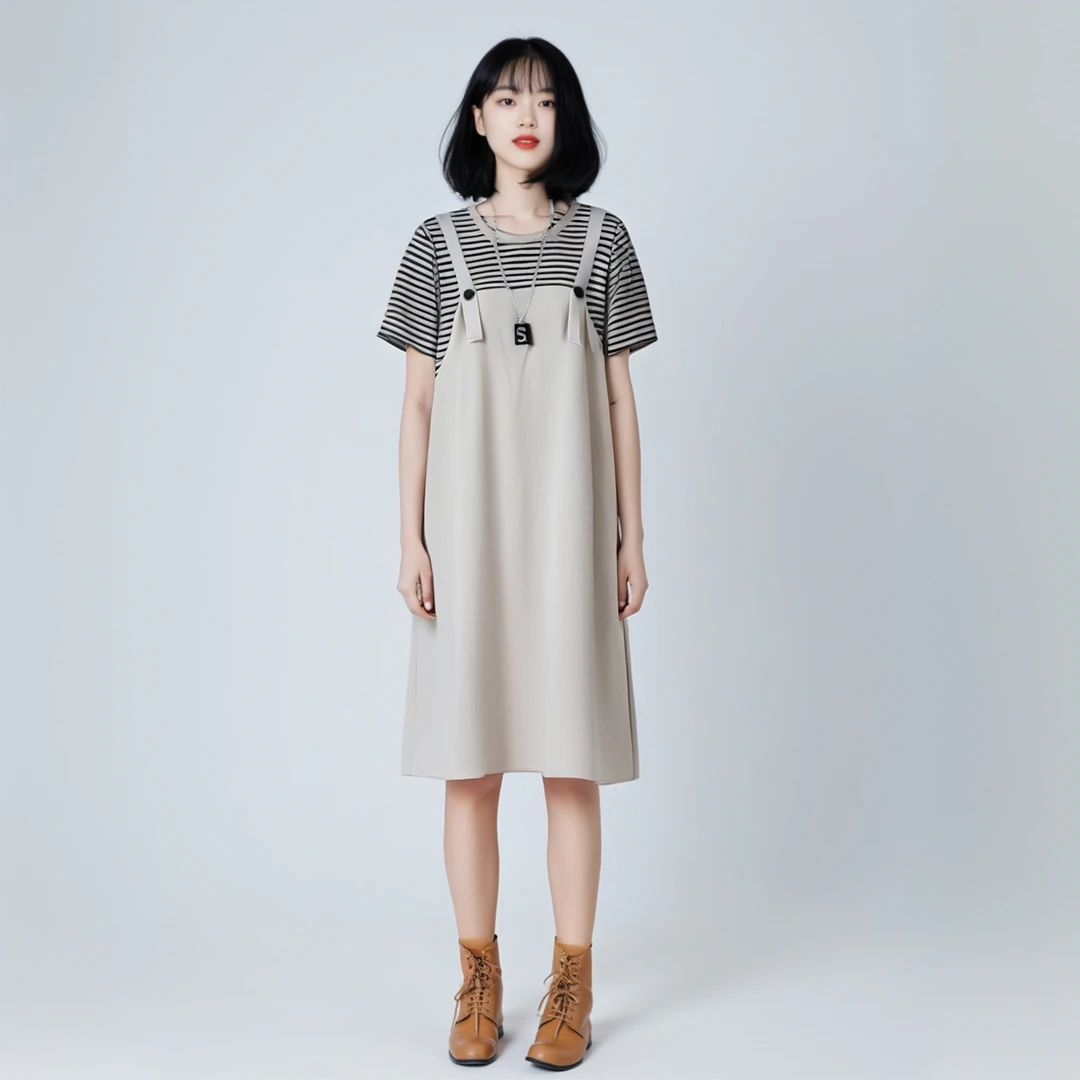 夏季连衣裙-条纹背带裙显瘦休闲大码中长裙宽松时尚设计感洋气