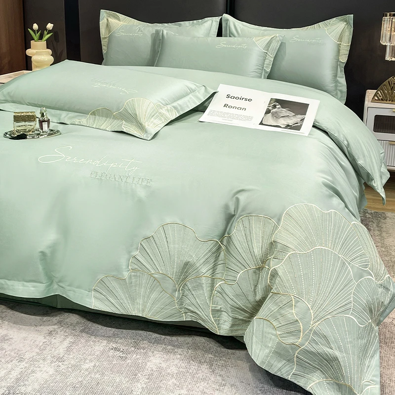 轻奢简约全棉刺绣四件套四季通用裸睡被套床单被罩高级感床上用品