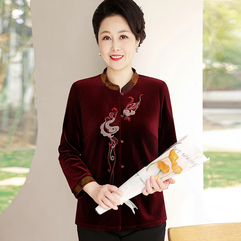 老年人妈妈春装长袖衬衫国风上衣婆婆宽松金丝绒薄外套阔太太衣服