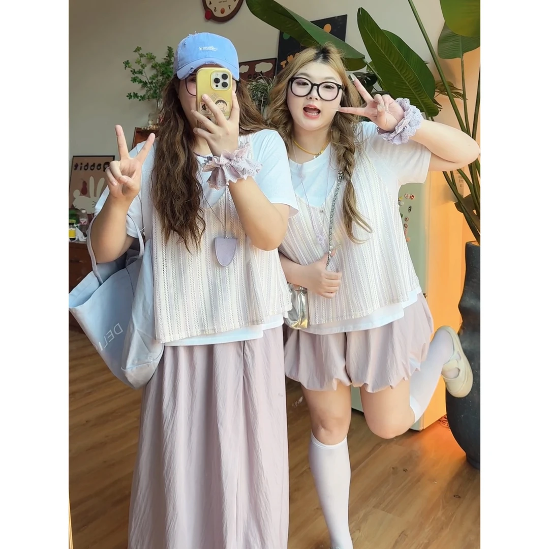 6429大码女装条纹两件套短袖T恤吊带上衣套装夏季新款潮流设计感