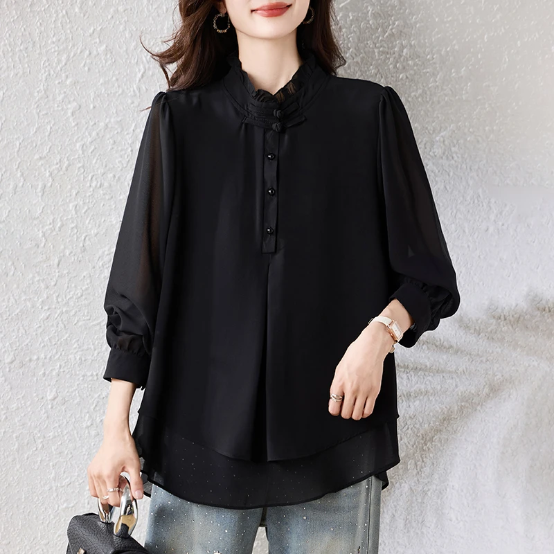 【女神新衣】2025新立领大码黑色拼接T恤长袖中长款时尚百搭雪纺衫
