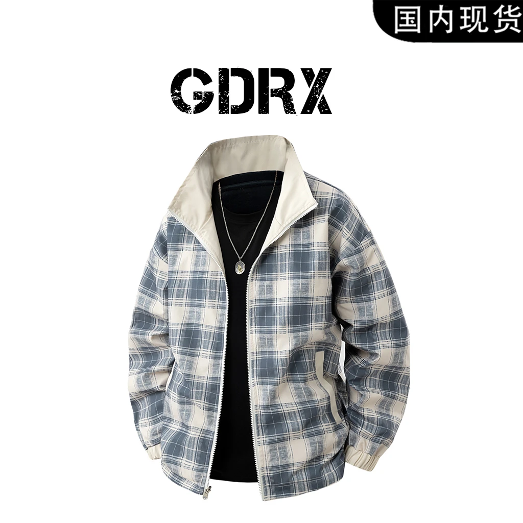 GDRX双面穿夹克男士春季新款潮流百搭格子外套休闲痞帅设计感小众
