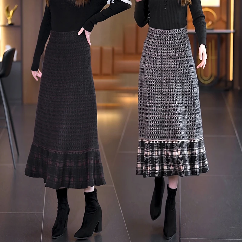 设计感休闲针织半身裙女2025秋冬新款高腰显瘦气质格子中长款裙子