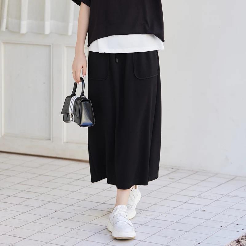 风笛2025夏季新款运动休闲半身裙松紧腰系带长裙女运动风裙小个子