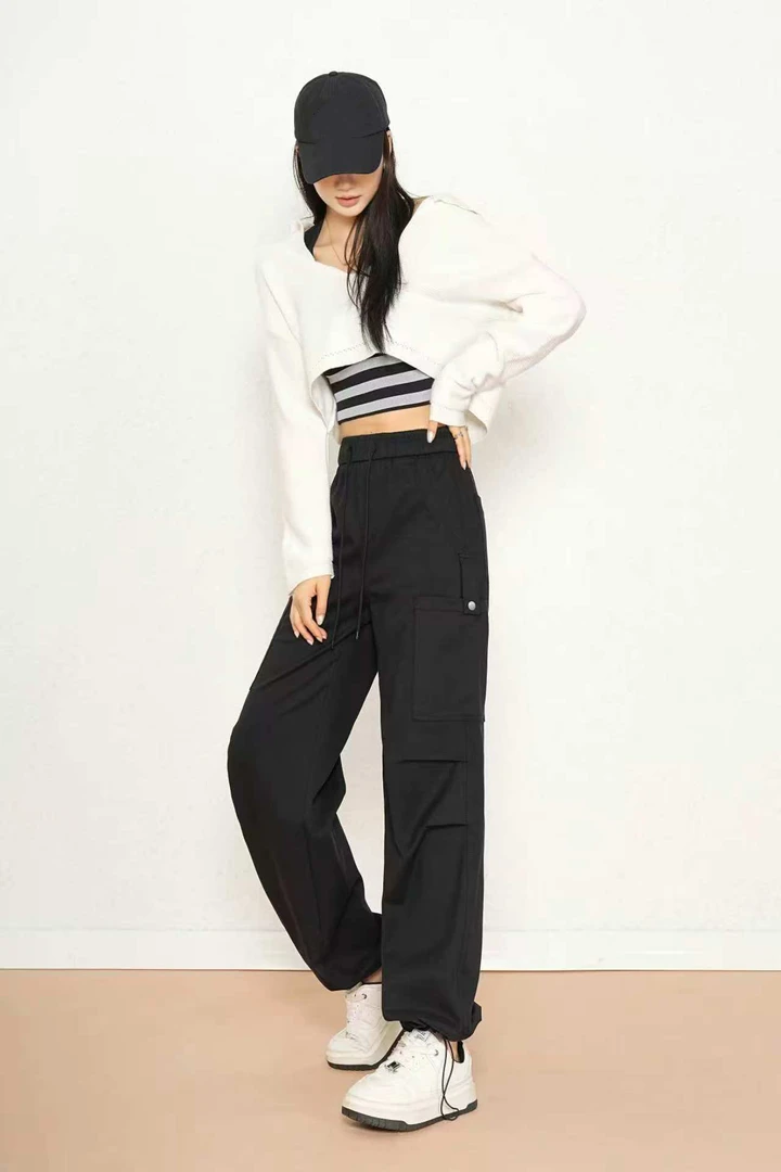 【22679】倩#松紧腰褶皱抽绳工装休闲裤