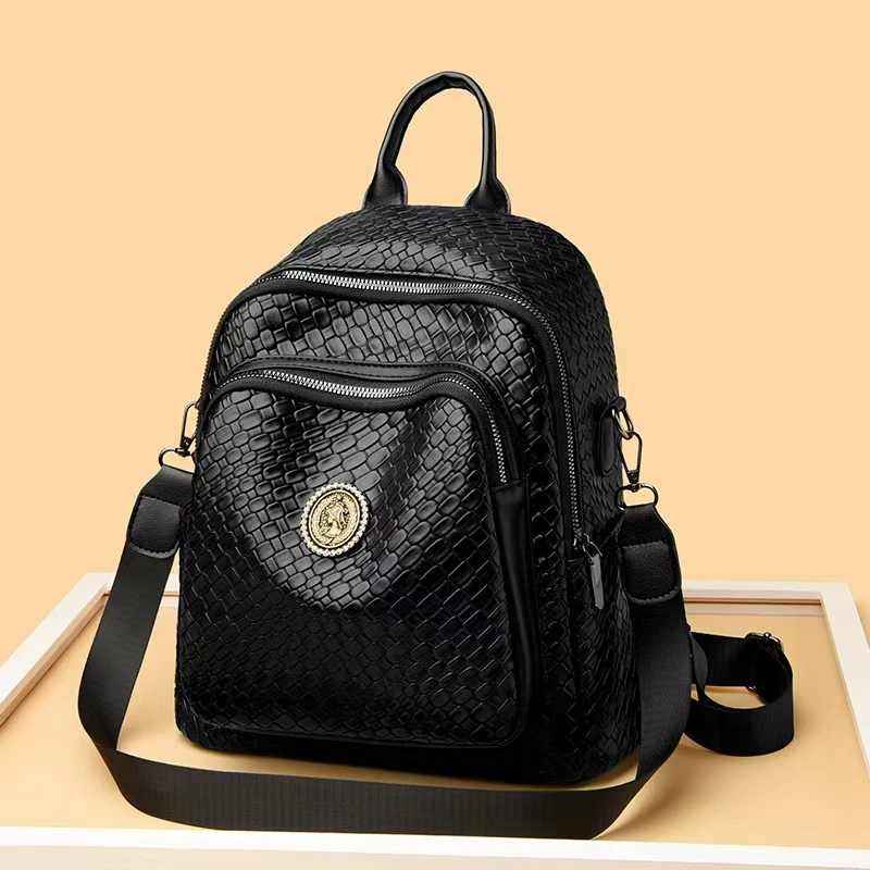 2024新款时尚百搭轻奢大容量双肩包009编织黑