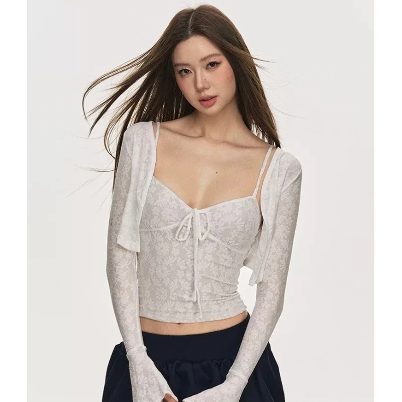 蕾丝开衫吊带套装针织女夏季新款简约气质修身长袖上衣