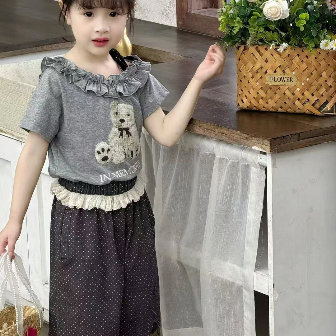 番茄家*【韩系穿搭】夏季上新韩系灰色小熊+波点九分裤套装D-W892
