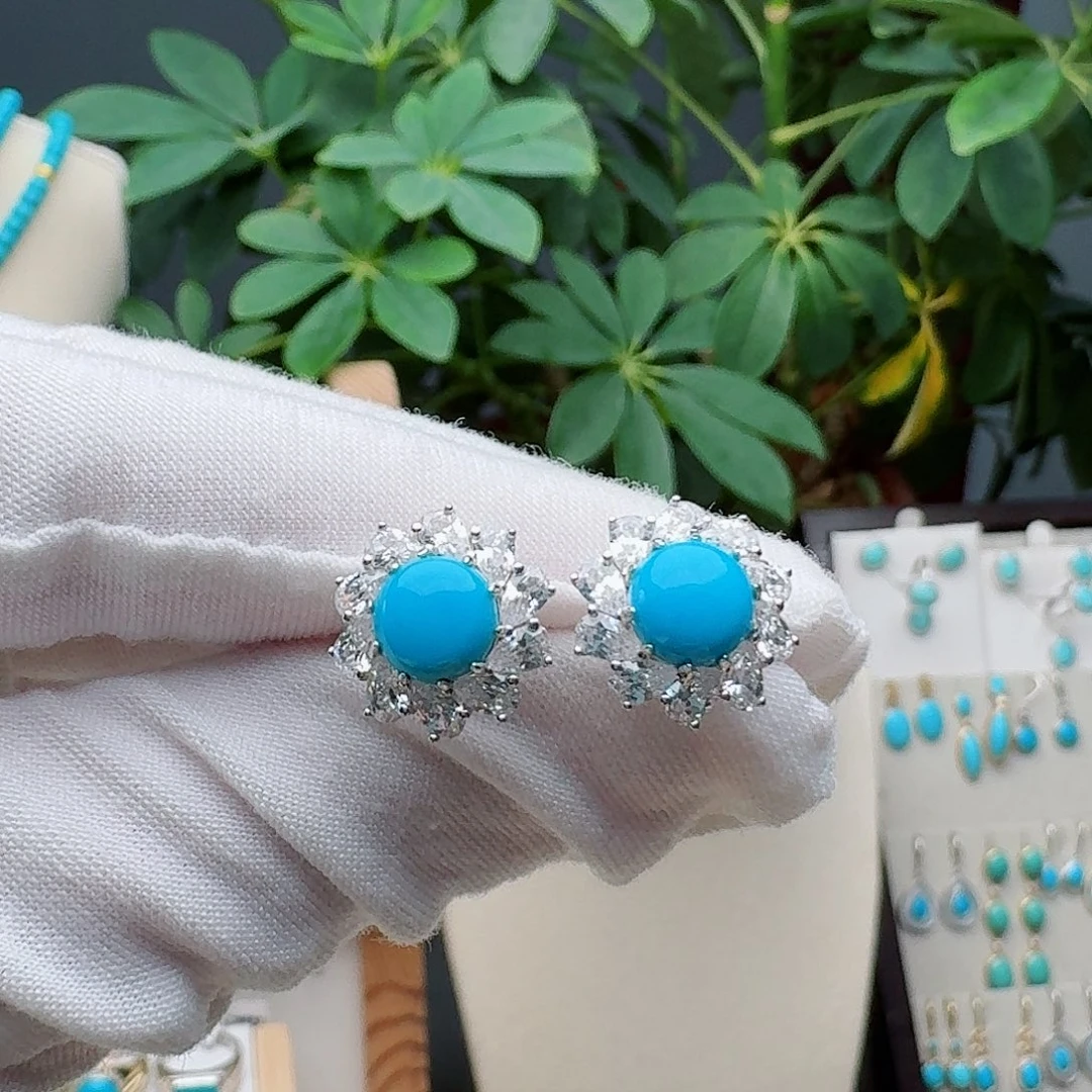 绿松石银S925镶嵌耳饰耳钉