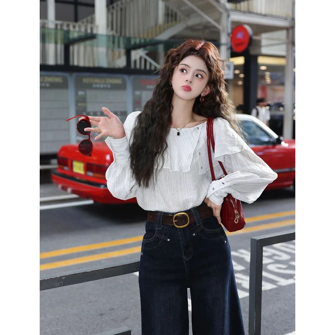 【香草云朵】港风复古条纹设计长袖百搭宽松衬衫女2025秋季新款衬衣