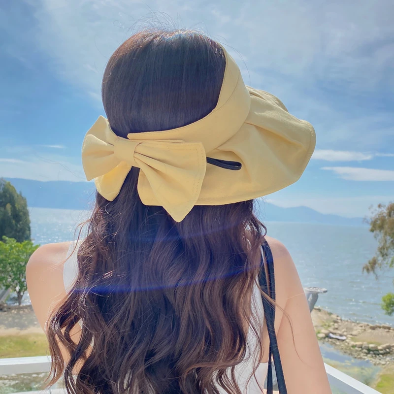 韩式UV空顶防晒帽女夏防紫外线遮脸太阳帽子大沿蝴蝶结渔夫遮阳帽
