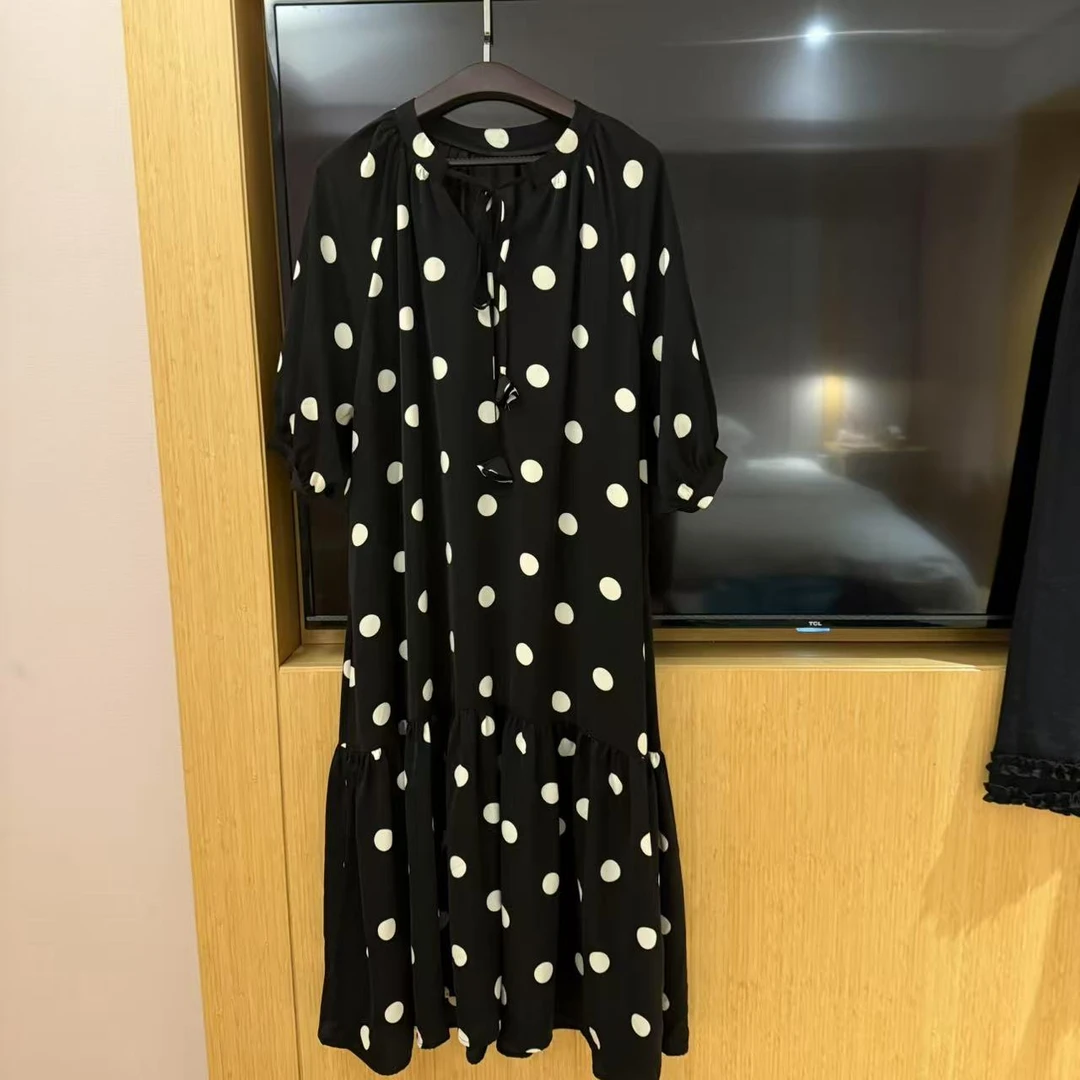 夏季法式波点印花泡泡袖复古显瘦气质收腰百搭连衣裙时尚女士