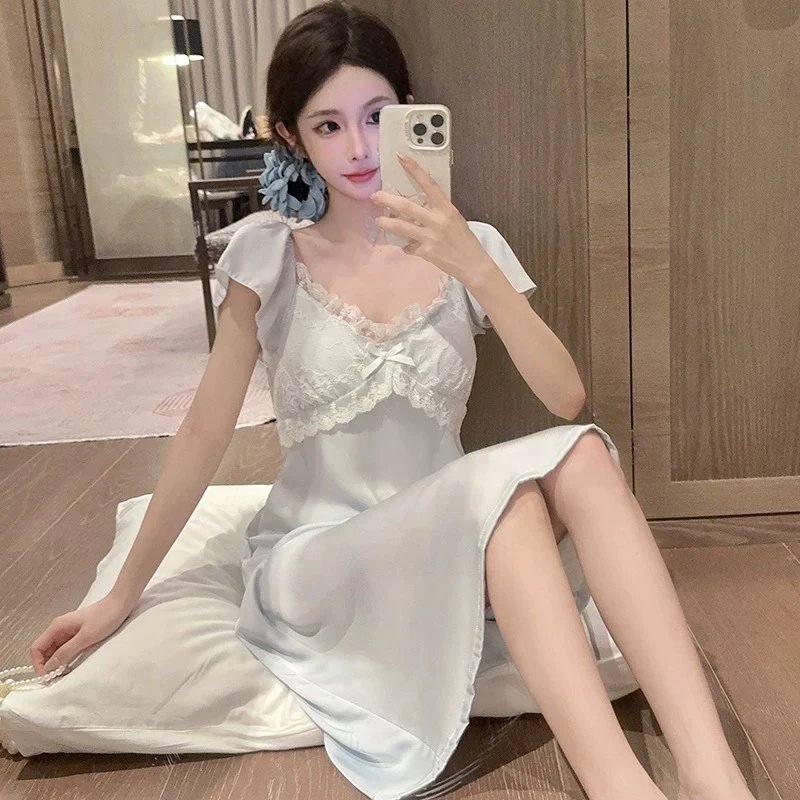 【海盐茉莉】月光丝带胸垫短袖睡裙高腰显瘦夏季显白可外穿家居服女