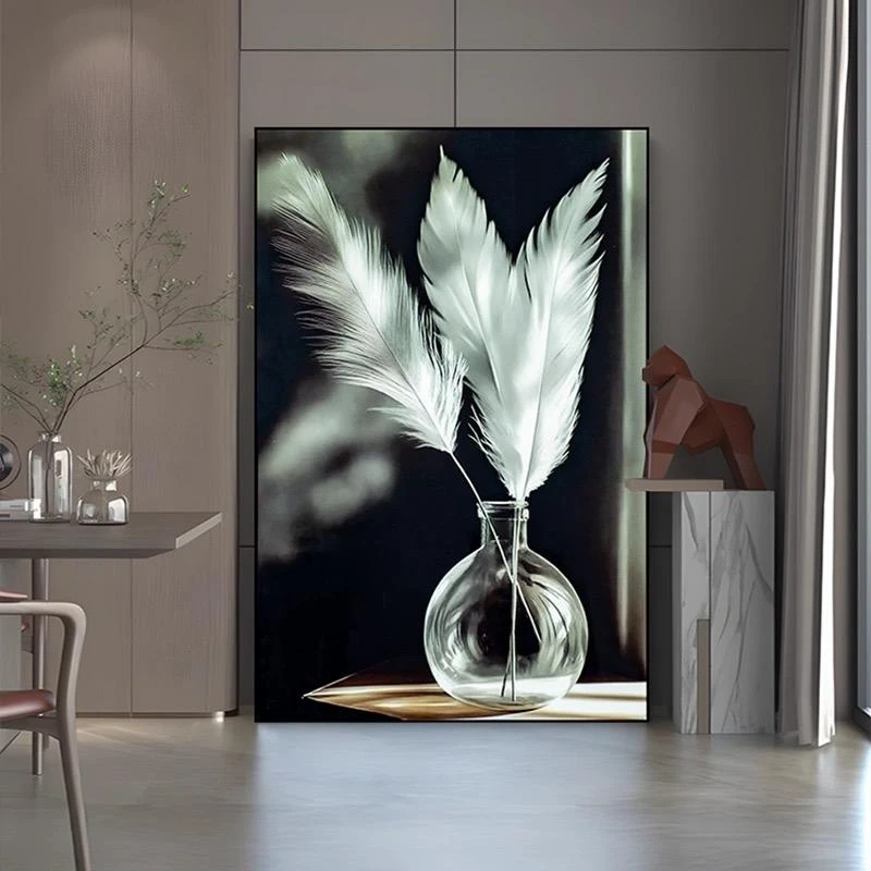 938茶几落地沙发背后装饰画卧室现代简约立式瓶中羽毛80120