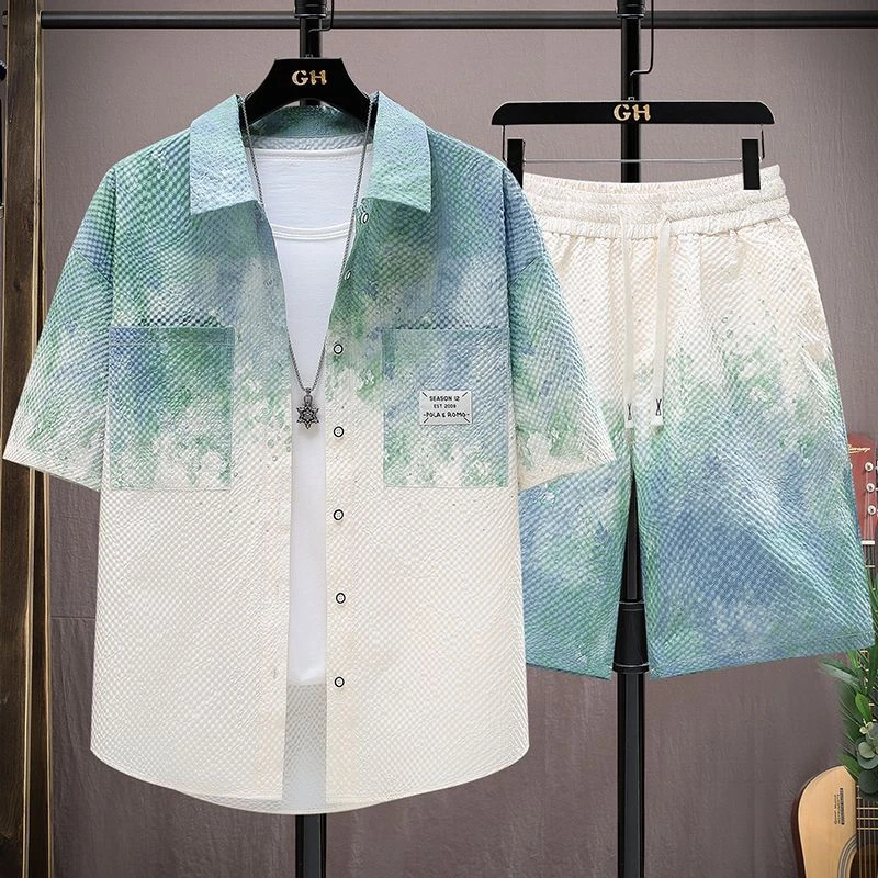 短袖衬衫男套装夏季渐变印花衬衣青少年休闲运动两件套痞帅衣服