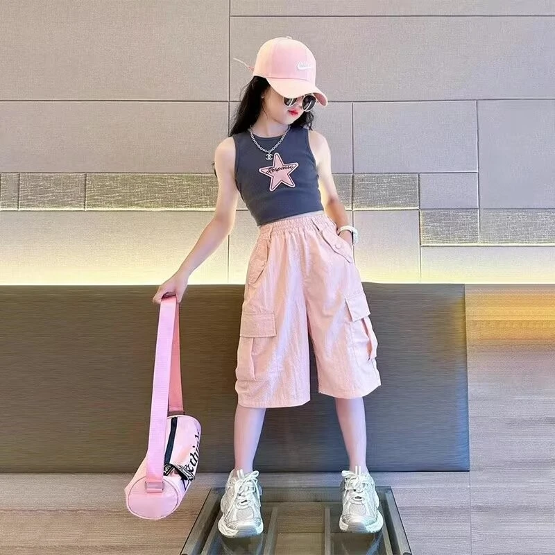 女童工装短裤大童炸街中大童中裤儿童夏季薄款七分裤女孩宽松裤子