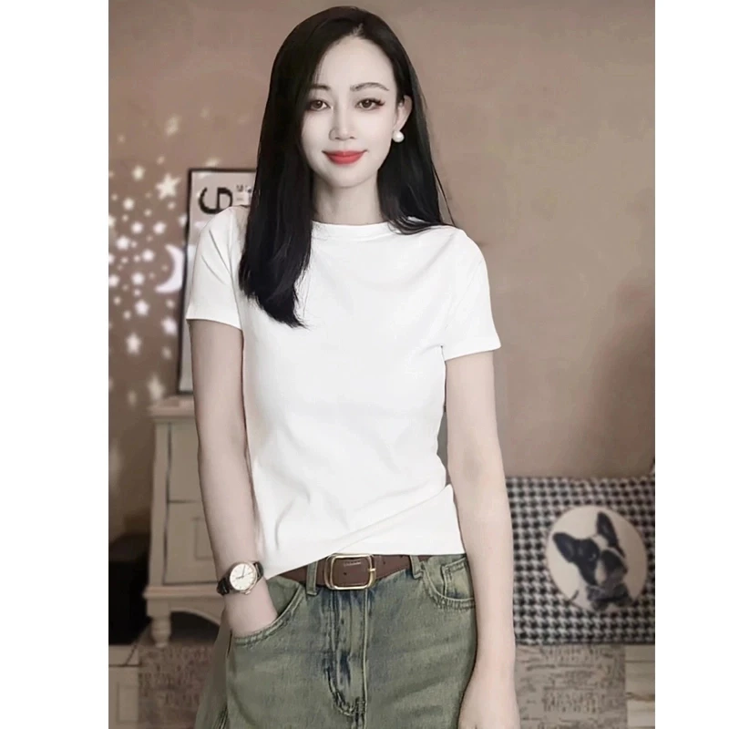 新款夏季小众百搭纯色修身圆领简约风洋气ins短袖T恤女