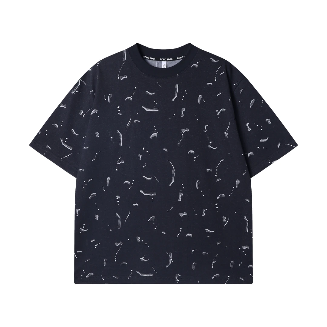 夏季高级感新款潮牌撞色磨毛泼墨圆领短袖T恤简约百搭休闲上衣