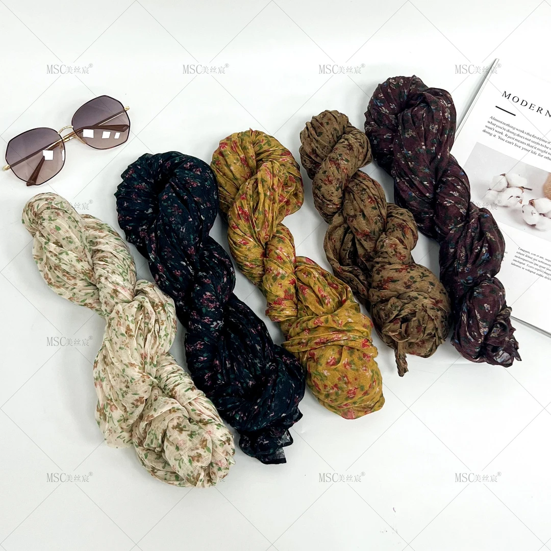 美丝宸【褶皱小碎花】森系新款棉麻压皱围巾保暖时尚复古风女士文艺