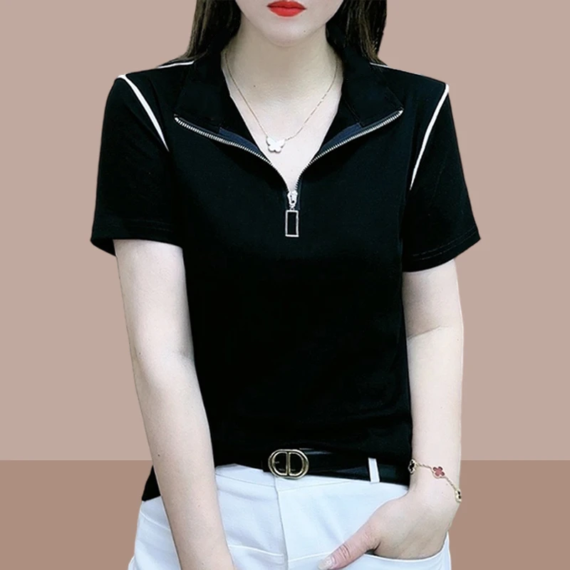 时尚洋气半拉链短袖上衣女士2026夏季新款立领百搭小个子短款体恤