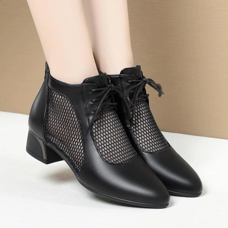 2025真皮女鞋网纱凉靴粗跟女士皮鞋镂空百搭短靴夏季新款透气单靴