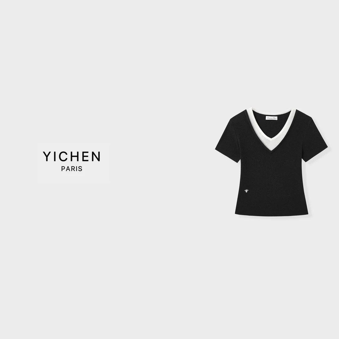 YC 奶黄色/黑色假两件刺绣徽标冰丝针织短袖-6231