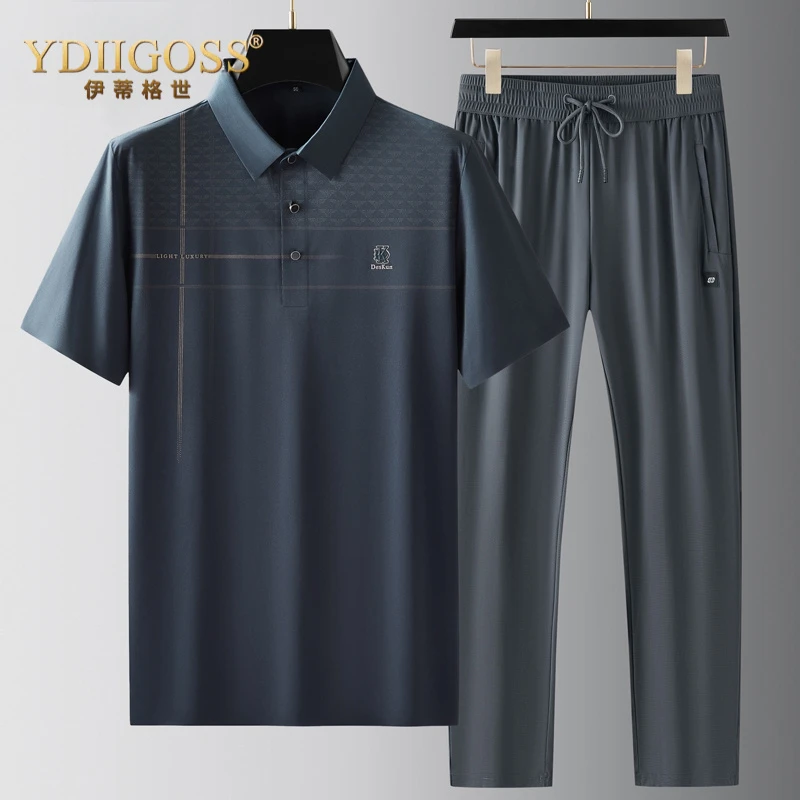 YDIIGOSS冰丝运动休闲套装男士夏季速干加大码短袖polo衫运动两件
