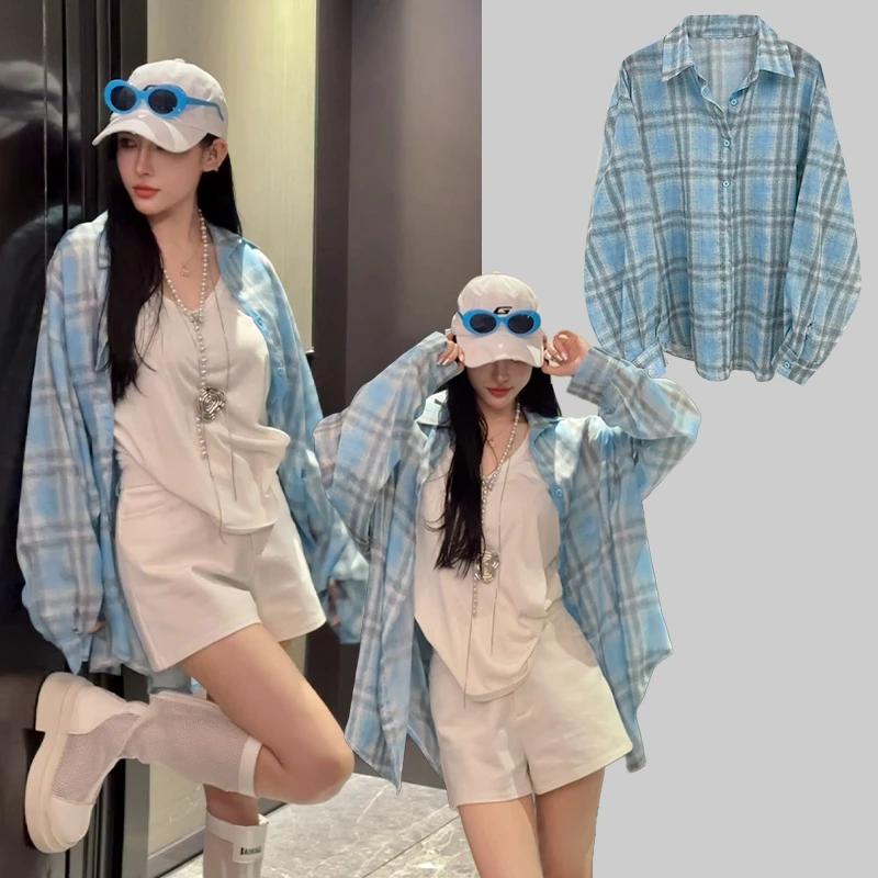 EH【甜酷方程式】韩版时尚百搭慵懒感休闲衬衫显瘦格子衬衣W2781