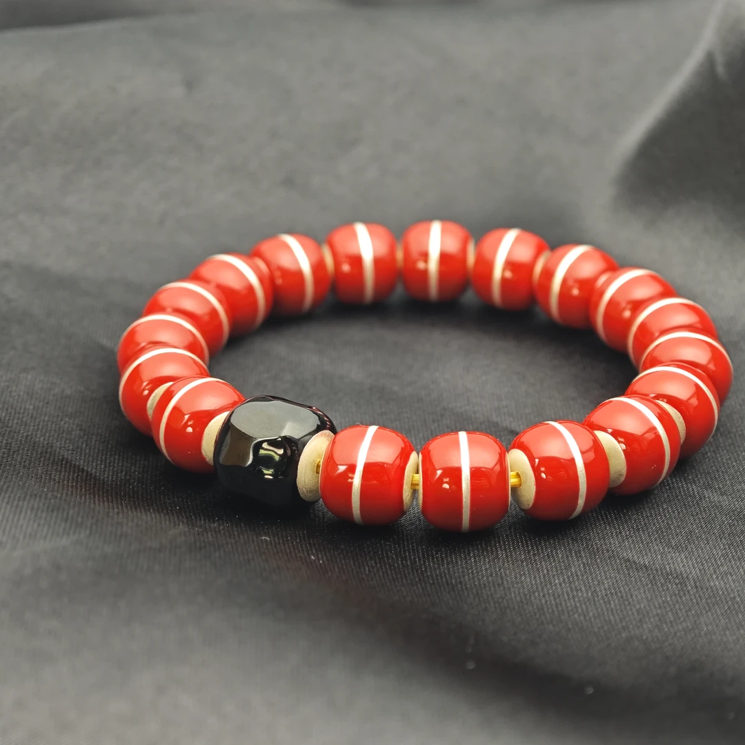 足银珐琅银制品 卡10红汉珐琅彩汉堡手串黑无相顶珠福利