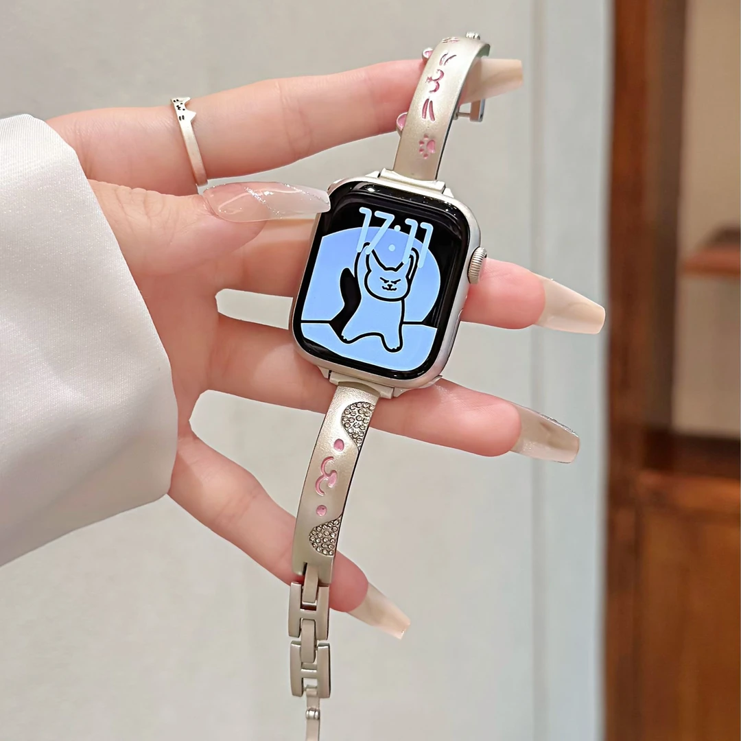 适用苹果手表iWatchS10表带女款S8可爱S9猫狗镶钻7金属手镯SE夏季
