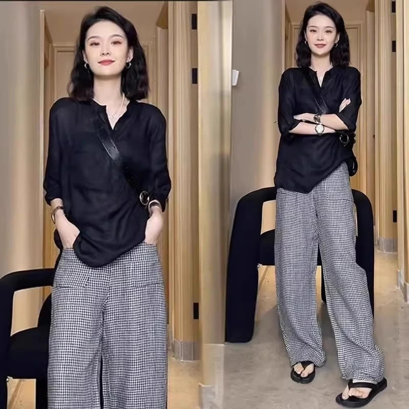 显瘦慵懒2025夏季新款百搭静奢风时尚套装洋气极简风阔腿裤两件套